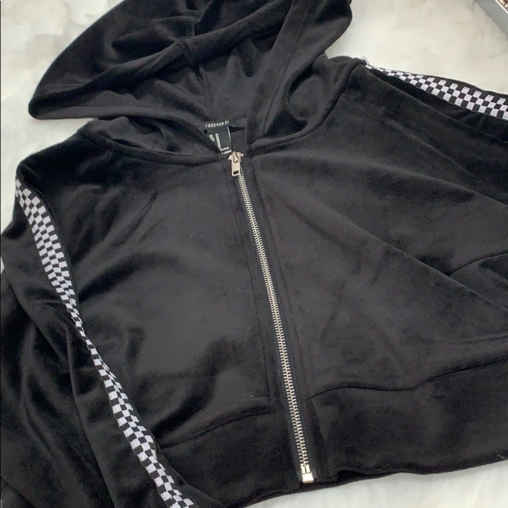 Cropped Black Velour Hoodie